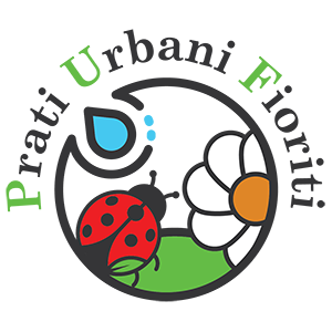 Logo del progetto "Prati Urbani Fioriti" di ASTER, raffigurante una coccinella, una margherita e una goccia d'acqua all'interno di un cerchio